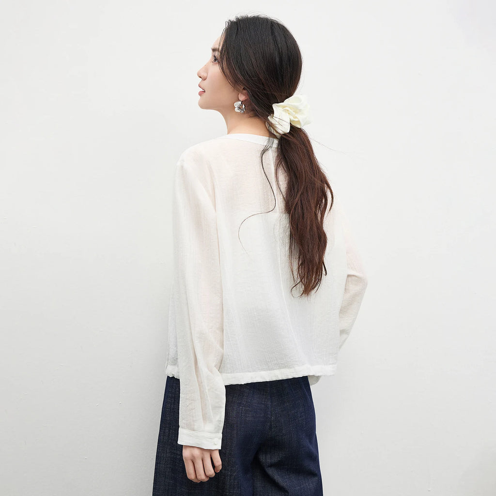SENTUBILA Women's Oversized Lyocell Shirt 2026 Spring Summer Round Neck Long Sleeve Drawstring Sheer Casual Top 161WB5014