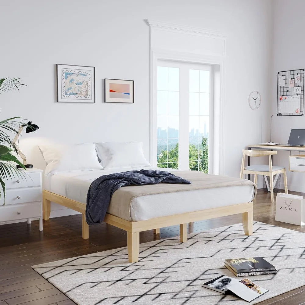 14 Inch Queen Wood Platform Bed Frame, Minimalist Mattress Foundation