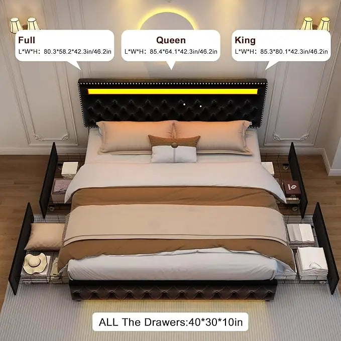 Full Size LED Bed Frame with Storage Drawers, RGBW Lights, Adjustable Headboard, No Box Spring, PU/Velvet Upholstered