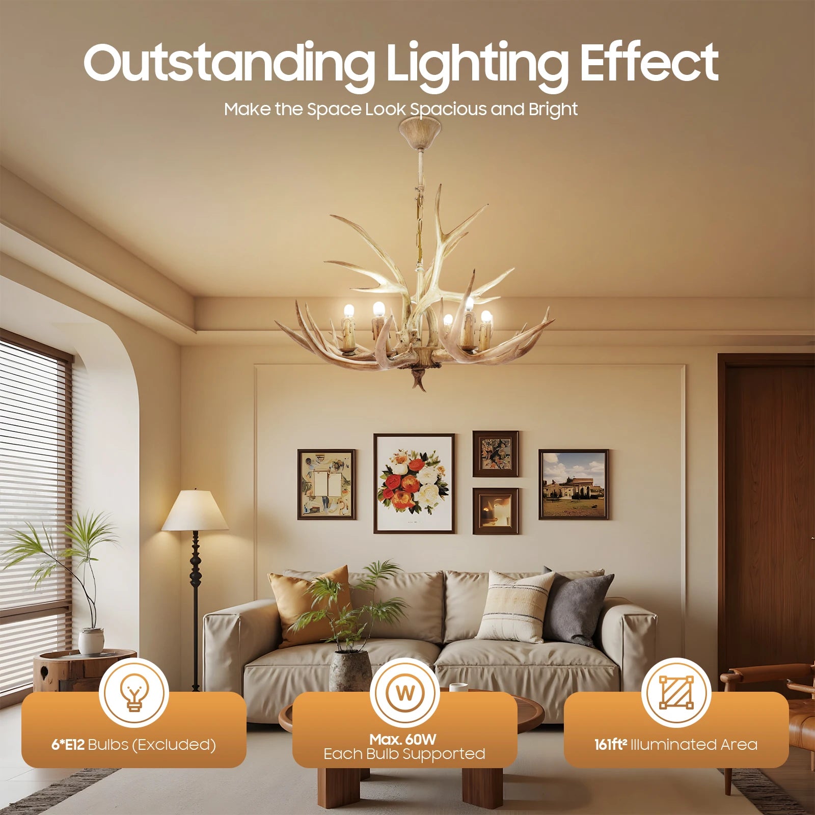 110V Resin Deer Antler Ceiling Light Retro Style/ Deer Chandelier 6 Lights for Dining /Room/ Kitchen /Hallway/ Bars /Hotels