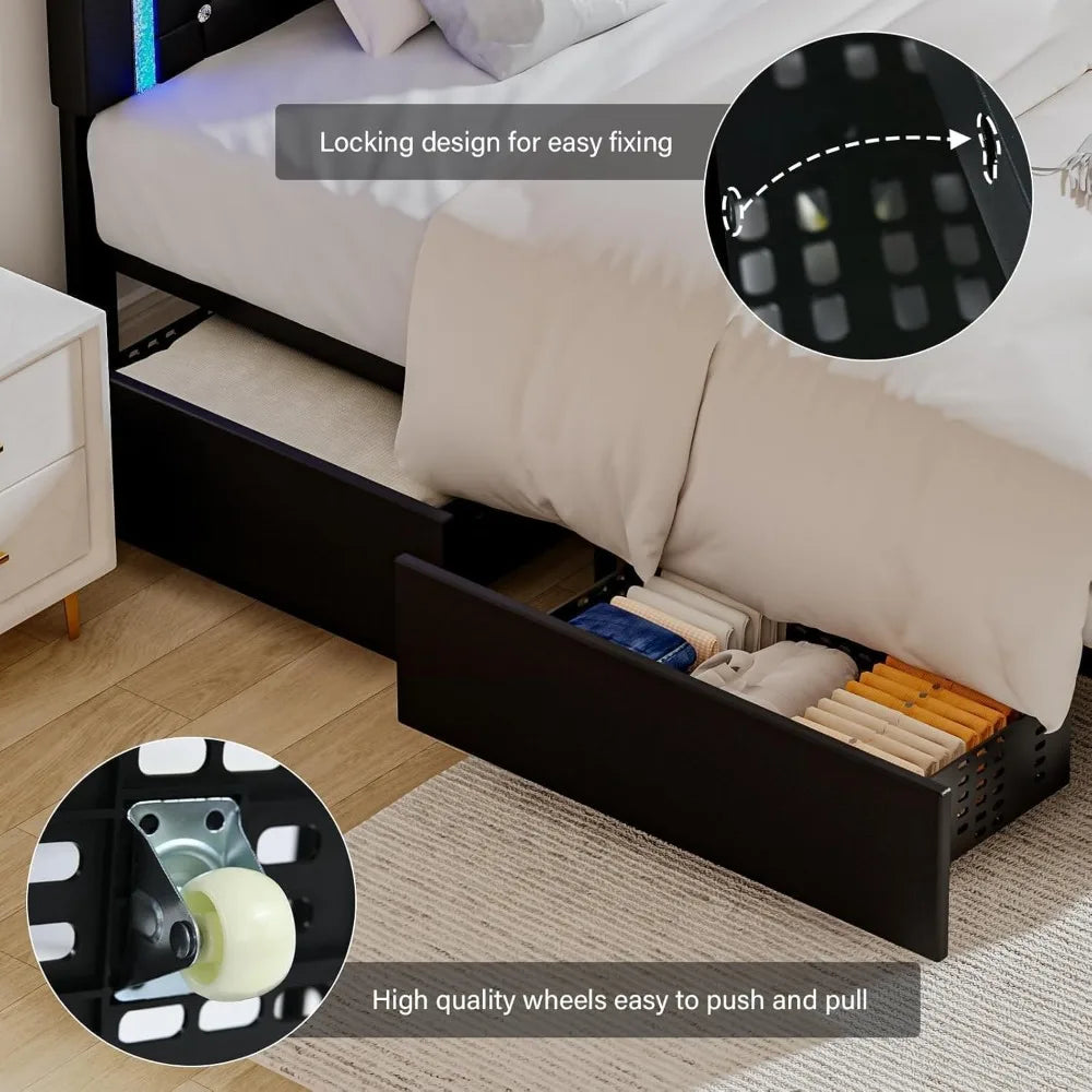 Twin Bed Frame with LED Lights and Storage Drawers, Upholstered Bed Frame with Diamond Headboard, Faux Leather Modern Platform