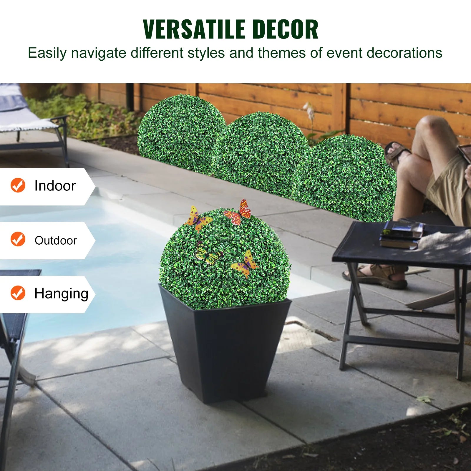 VEVOR Artificial Topiaries Boxwood Trees 16" Tall Ball-Shape Topiaries Plant All-Year Green Faux Plant Decorative for Garden