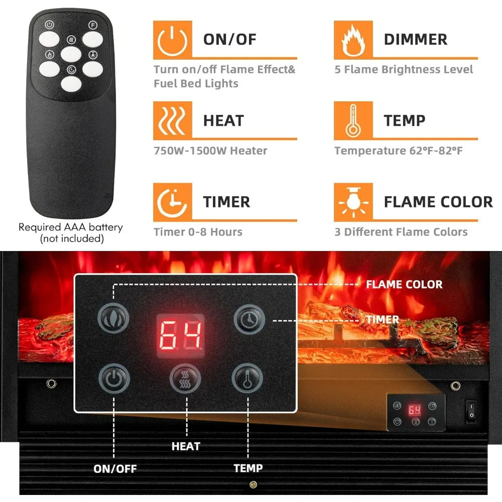 28.5" Electric Fireplace, Wall-Mounted or Freestanding, with Remote Control, 3 Adjustable Flame Colors