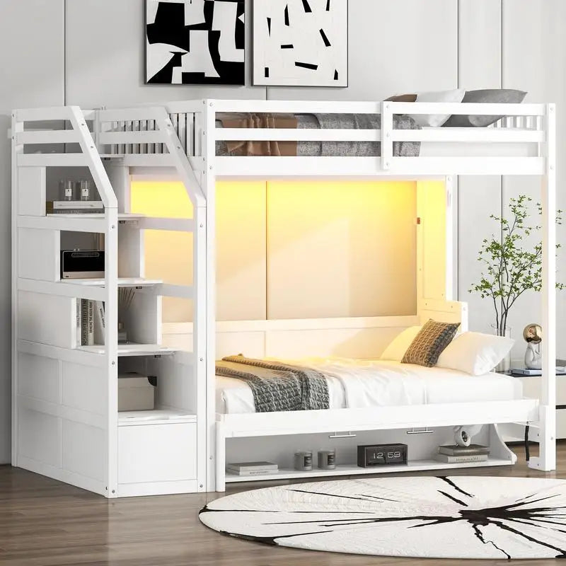 Full XL Loft Bed with Storage Staircase and Murphy Bed, LED Light, White Finish