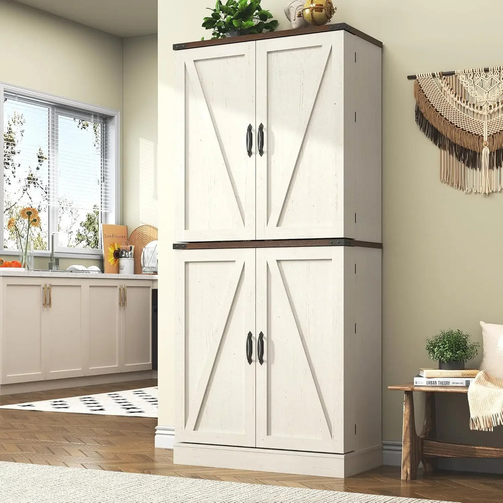 Farmhouse Kitchen Pantry Cabinet, 71" Tall Storage Cabinet with Adjustable Shelves & 4 Barn Doors & Drawer, Rustic Wood