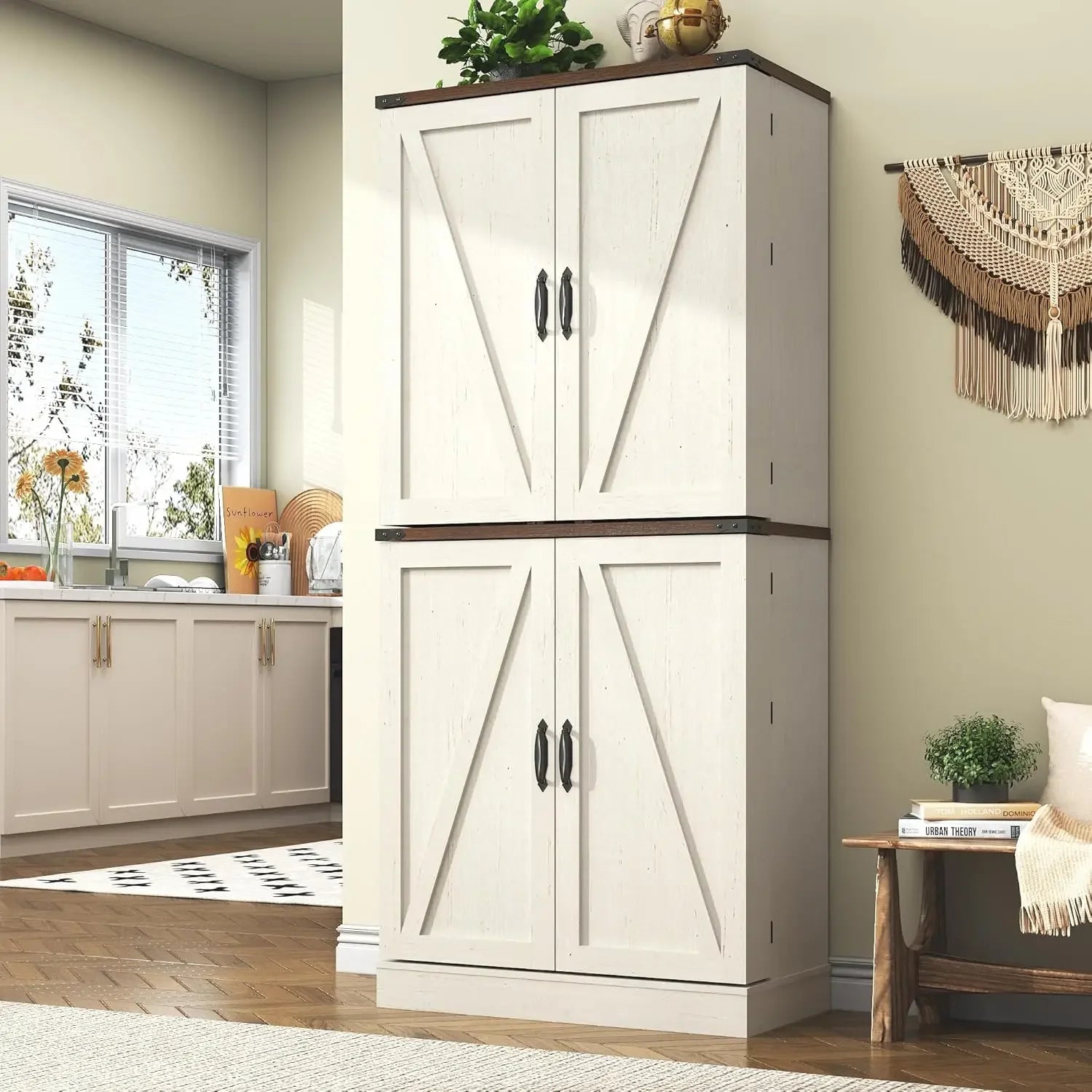 Farmhouse Kitchen Pantry Cabinet, 71" Tall Storage Cabinet with Adjustable Shelves & 4 Barn Doors & Drawer, Rustic Wood
