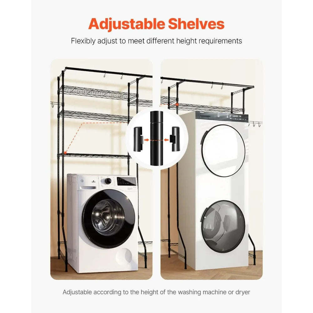 6-Tier Laundry Room Drying Rack with Hanger Bar and Hooks, Adjustable Over Washer and Dryer Storage Shelf