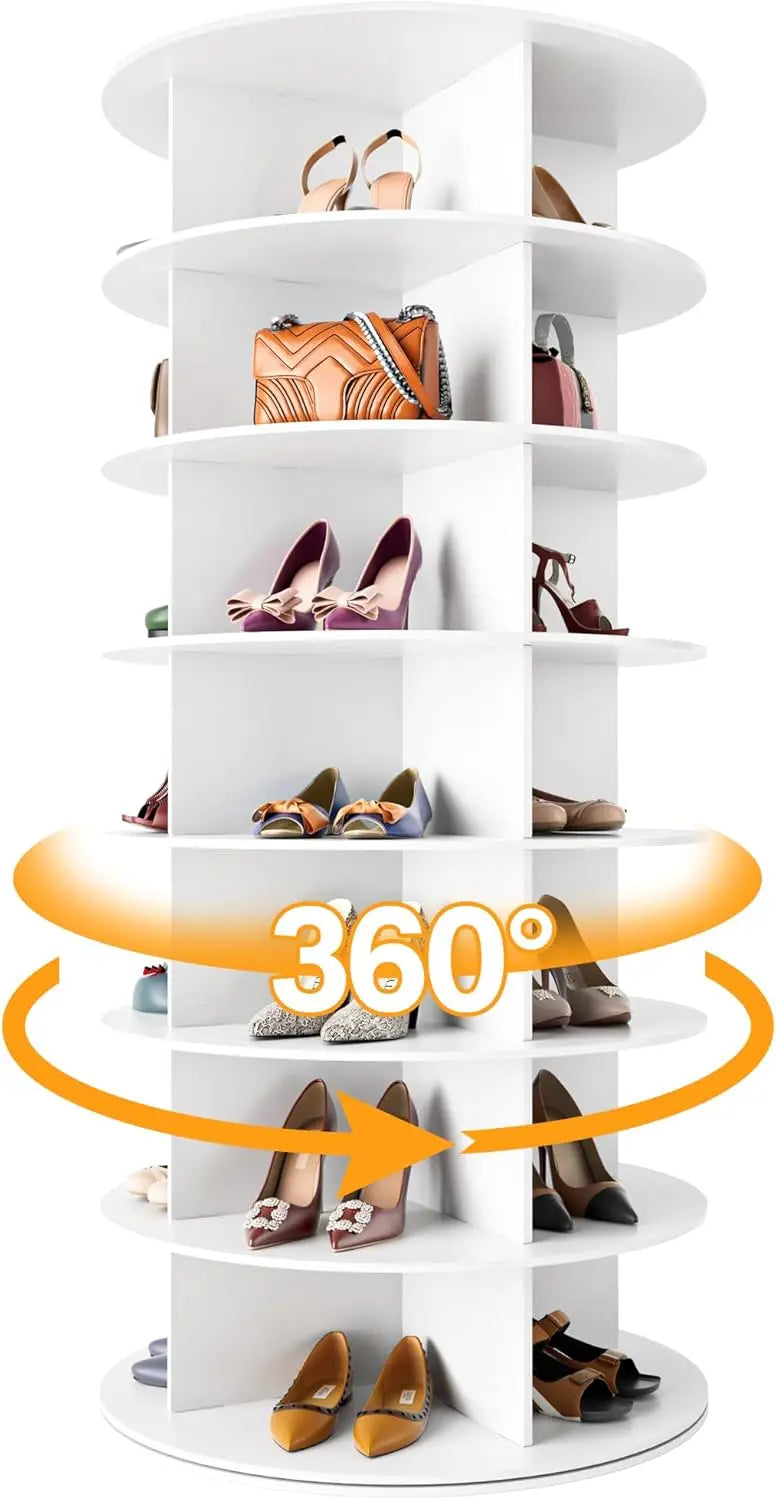 Rotating Shoe Rack Tower 7 Tier Organizer, Vertical Spinning Shoe Display/ Lazy Susan, Revolving 360 White Shoe Rack Storage