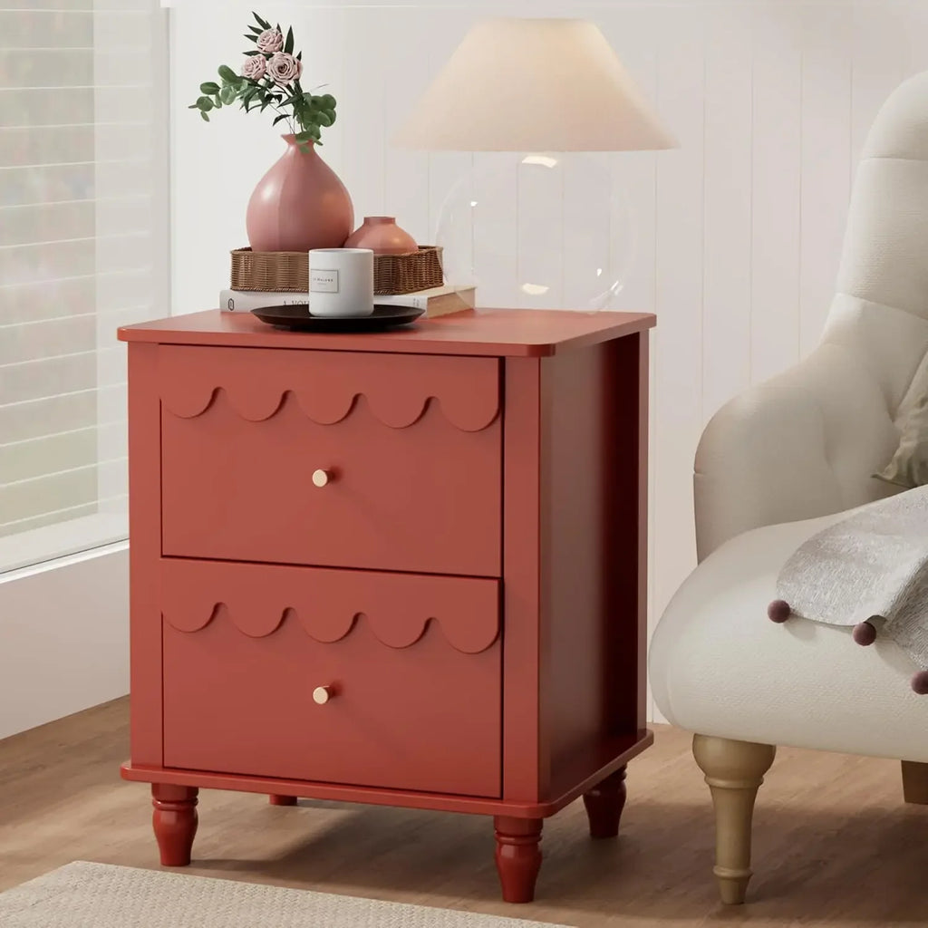 Nightstand Side End Table with 2 Drawers, Modern Wood with Petal Pattern for Bedroom