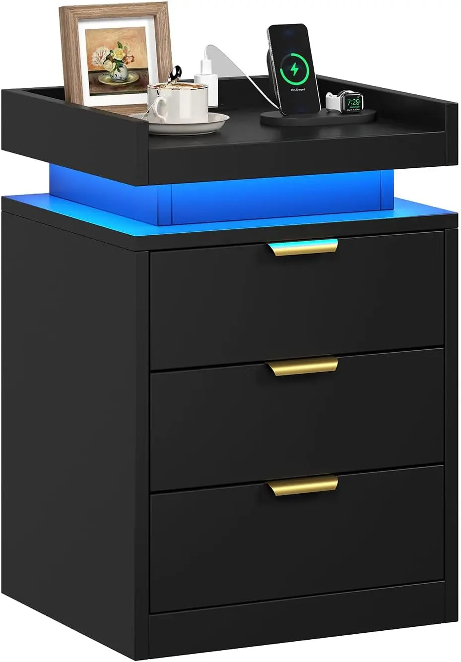 LED End Tables, Set of 2 with Charging Station USB Ports, 3-Drawer Table