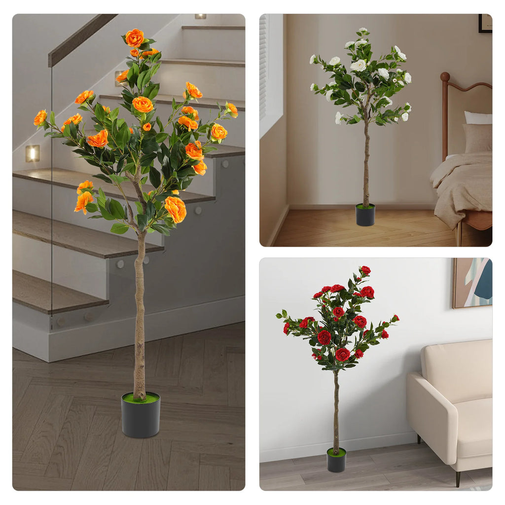 Potted Faux Camellia Plant with Red Flowers, Artificial Camellia Tree, Home Decor, Lifelike Fake Floral Tree for Patio & Office
