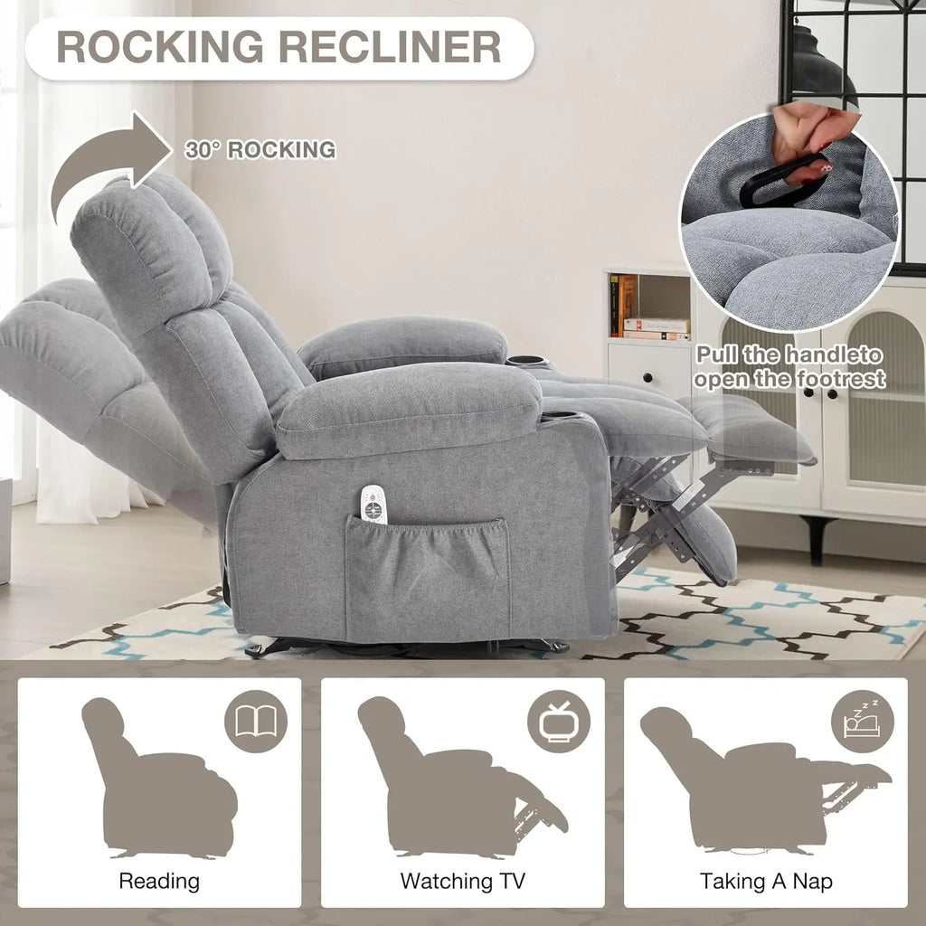 Massage Recliner Chair with Heat Vibration, Rocking Ergonomic Overstuffed Lounge, USB Port, Grey