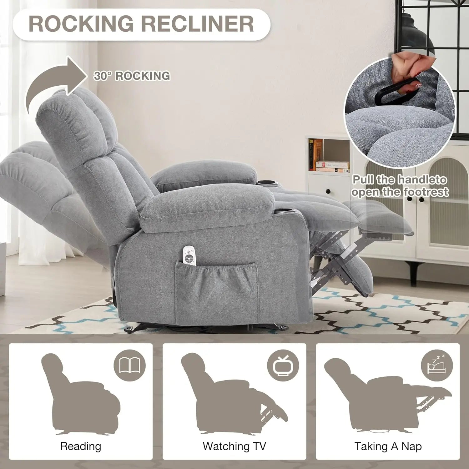 Massage Recliner Chair with Heat Vibration, Rocking Ergonomic Overstuffed Lounge, USB Port, Grey