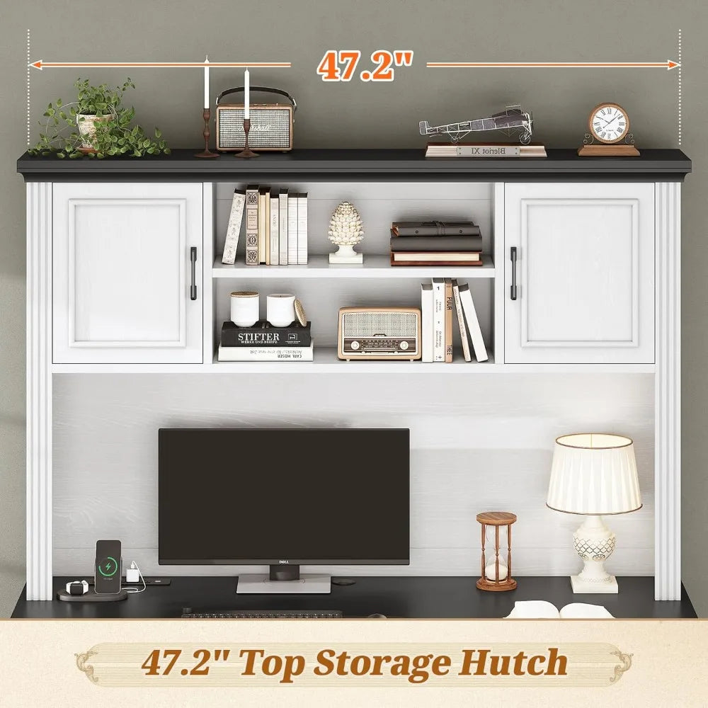 Farmhouse Computer Desk with Hutch and 3 drawers, with Power Outlet