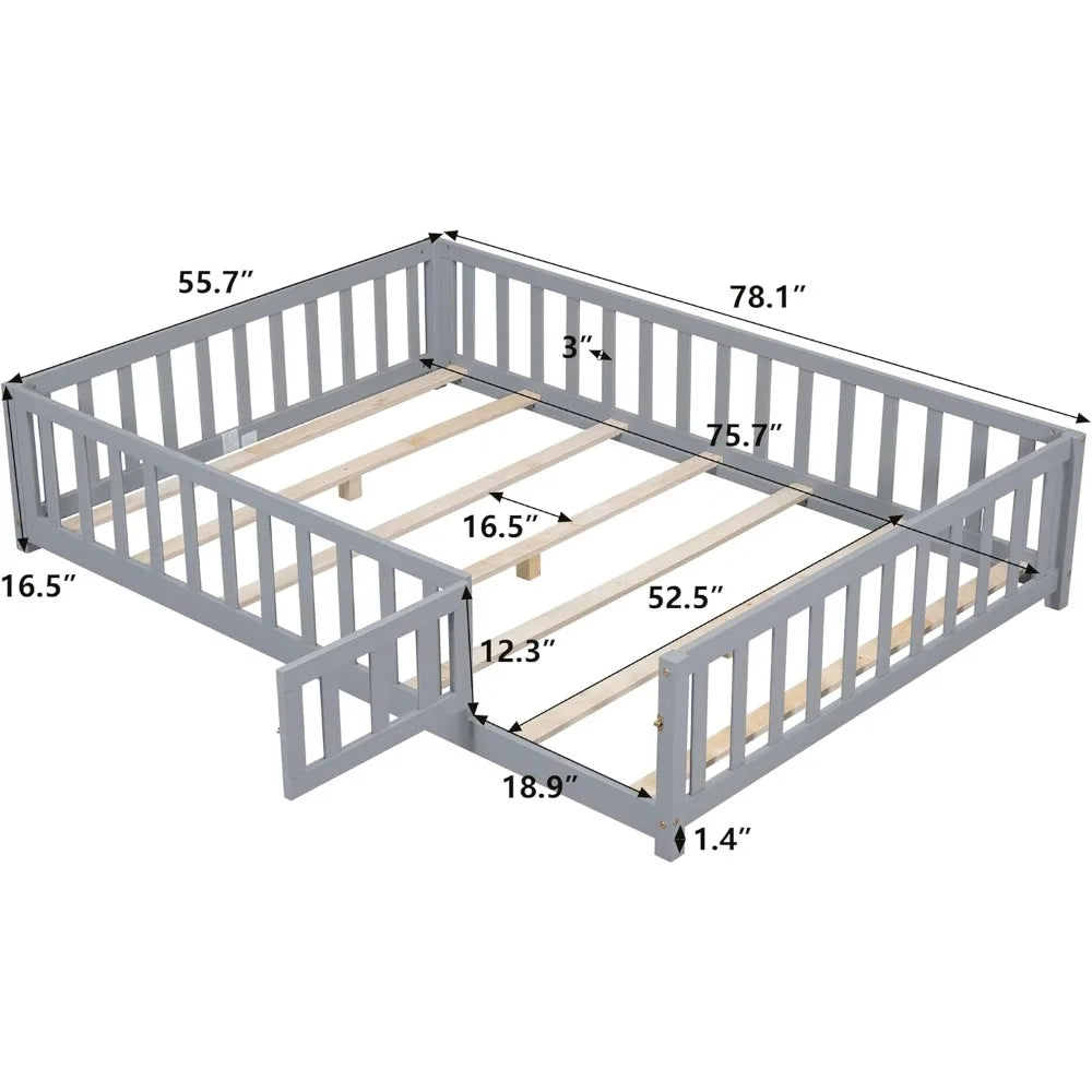 Wooden Full Size Floor Bed Frame with Fence And Door for Kids/ Toddler Bed with Support Slats Girls Boys
