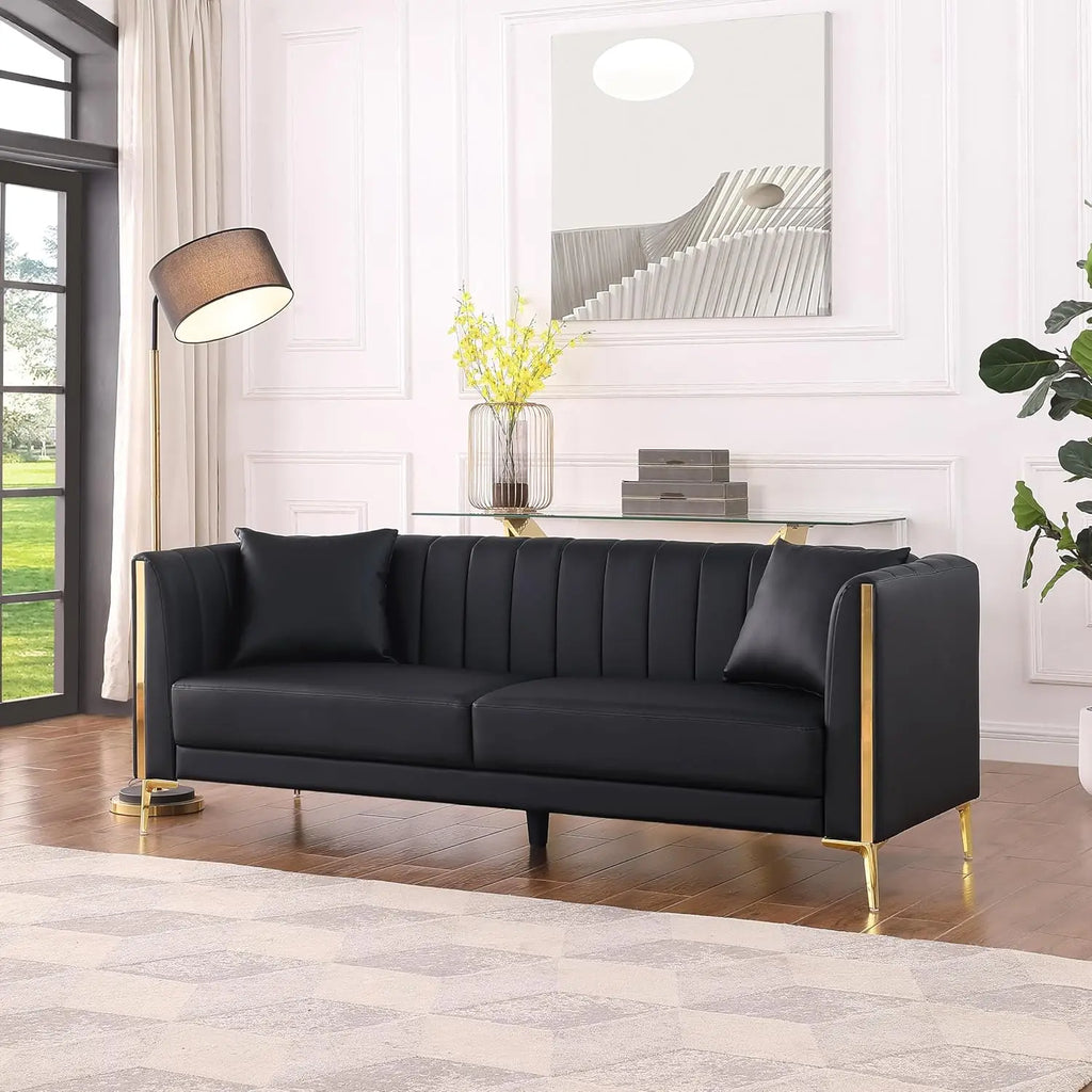 78'' Sofa, Black Faux Leather Couch / Sofa 3 Seater Couch with 2 Throw Pillows and Gold Metal