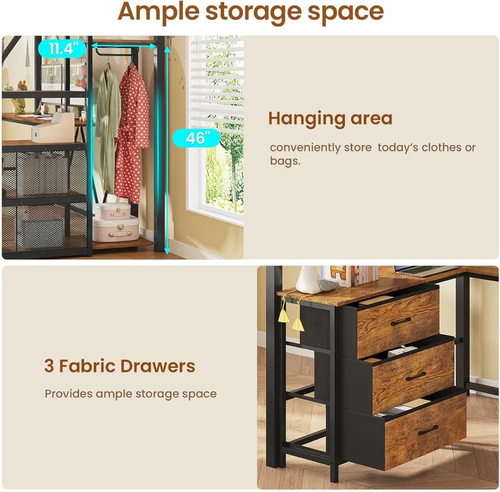 Twin Loft Bed with L-Shaped Desk, Wardrobe & Storage Stairs, LED Lights & Charging Station, Rustic Brown