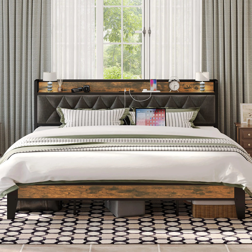 ANCTOR Twin-XL/Full/Queen/King Bed Frames, Storage Headboard with Outlets, No Noise, No Box Springs Needed
