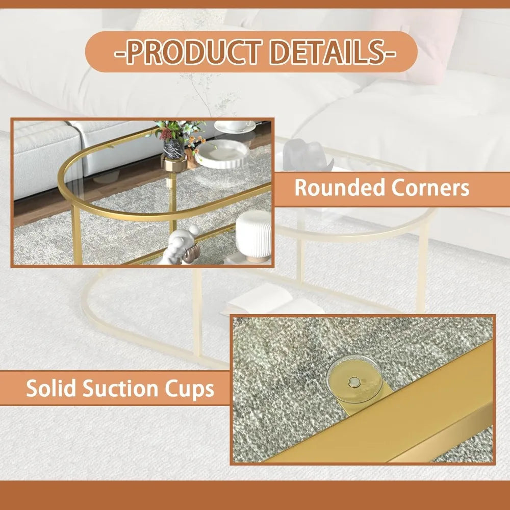 Gold Glass Coffee Table for Living Room, 2 Tiers Oval Center Table with Sturdy Metal Frame, Modern Tempered Glass Accent