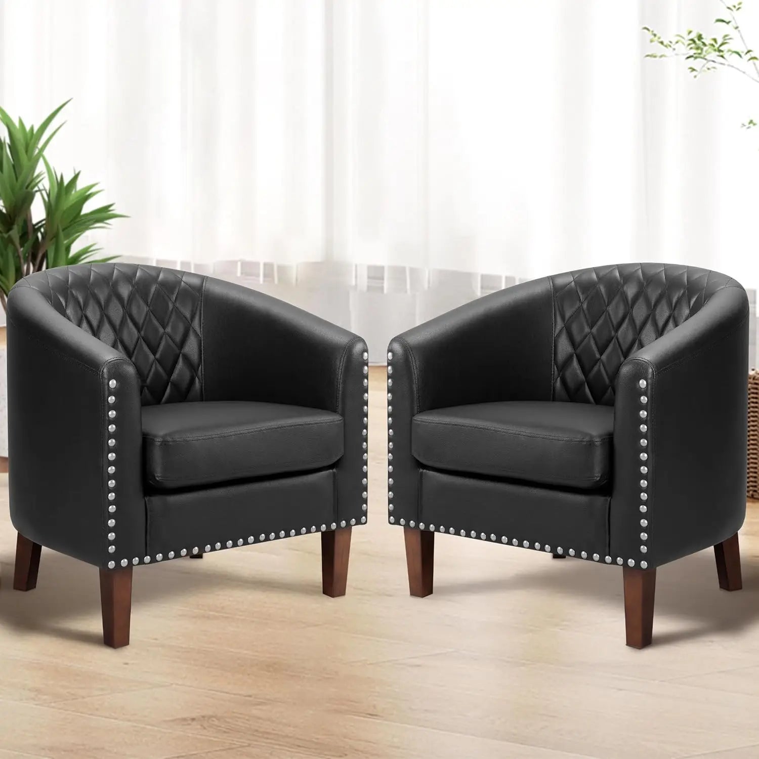 Barrel Chair Set of 2, Comfy Accent Chair, Faux Leather Club Chairs with Cushion, Nail Head Trim, Black