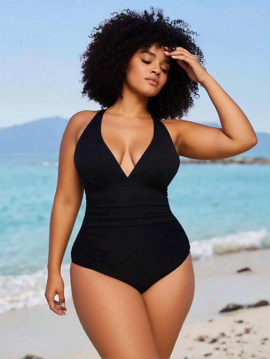 Womens Tummy Control Ruched V Neck One Piece Swimsuit Slimming Push Up Bathing Suit