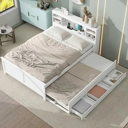 White Full Size Platform Bed with Storage, USB Ports, Wood Frame, Twin Trundle, and 3 Drawers