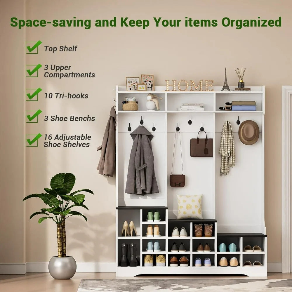 Farmhouse Style 77 Entryway Bench with Shoe Storage and Coat Rack, Featuring 16 Shoe Cubbies and 10 Hooks, Dimensions 15.8 Depth