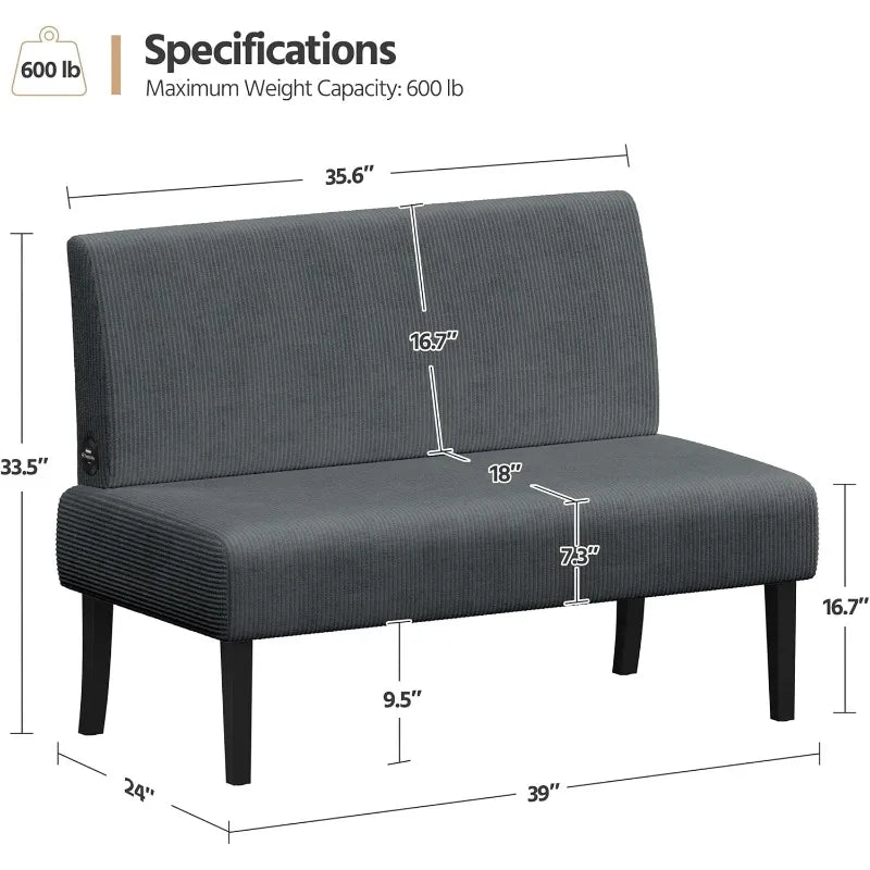 Small Comfy Sofa Mini Loveseat Couch 2-Seater Armless Sofa Chair, for Small Spaces Living Room,Bedroom,Dorm,Office, Dark Grey