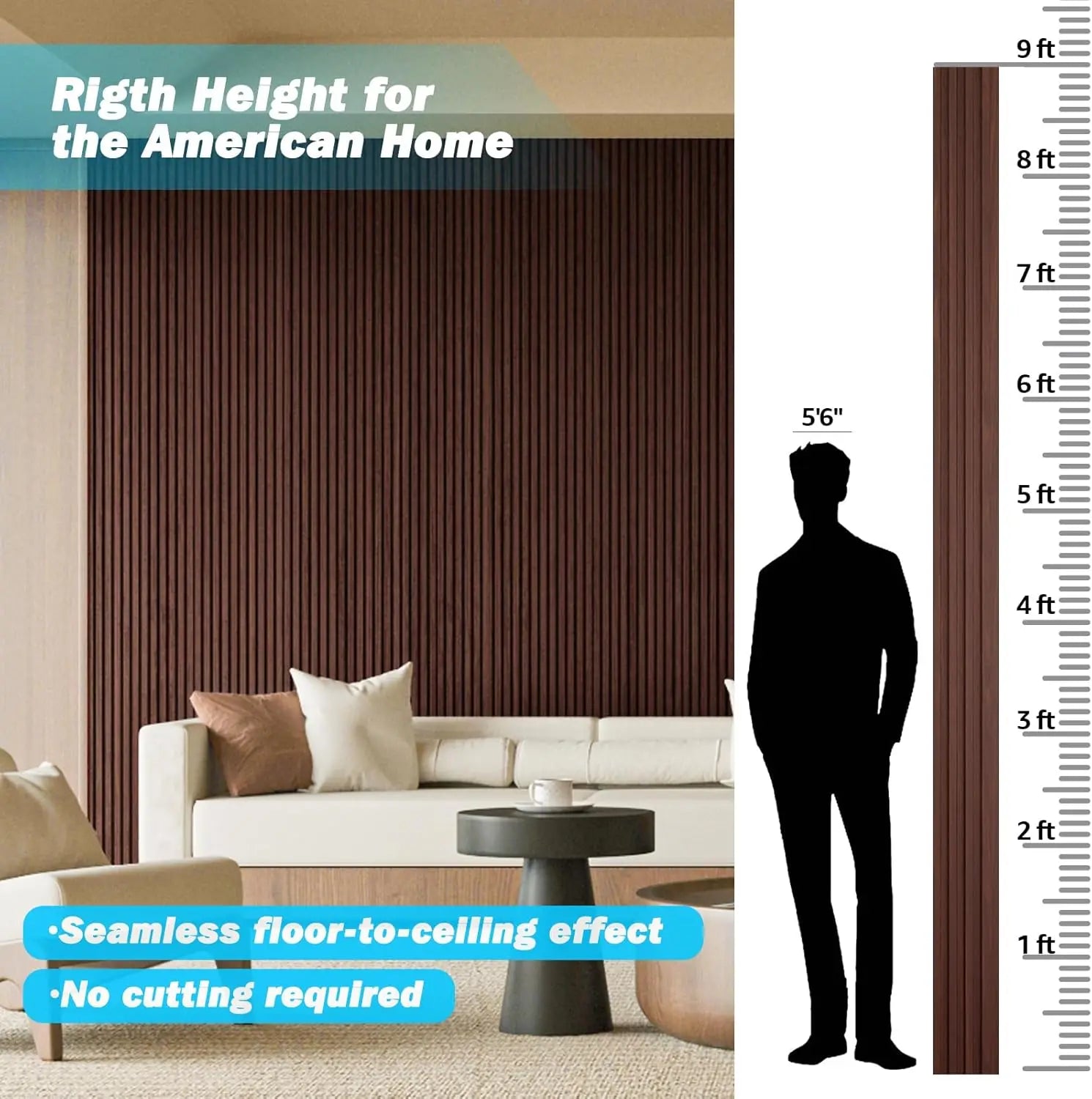 Slat Wood Wall Paneling for Interior and Ceiling Decoration - Pack of 4pcs + 1pc End-Trim, Size 108 x 5.7in.- Walnut