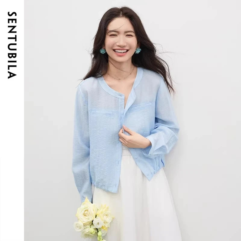 SENTUBILA Women's Oversized Lyocell Shirt 2026 Spring Summer Round Neck Long Sleeve Drawstring Sheer Casual Top 161WB5014