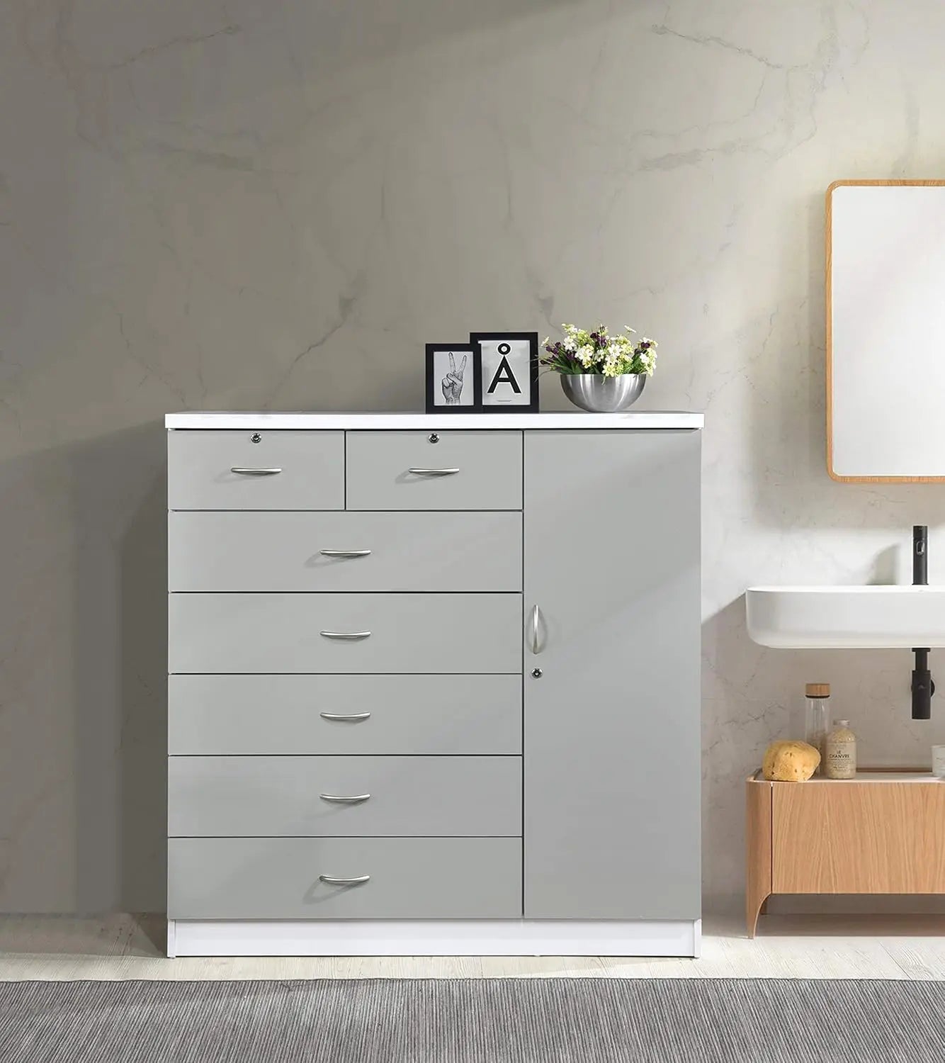 7-Drawer Large Chest with 5 Big Drawers, 2 Small Drawers, Locks, Hanging Rod, and 3 Shelves in Grey-White