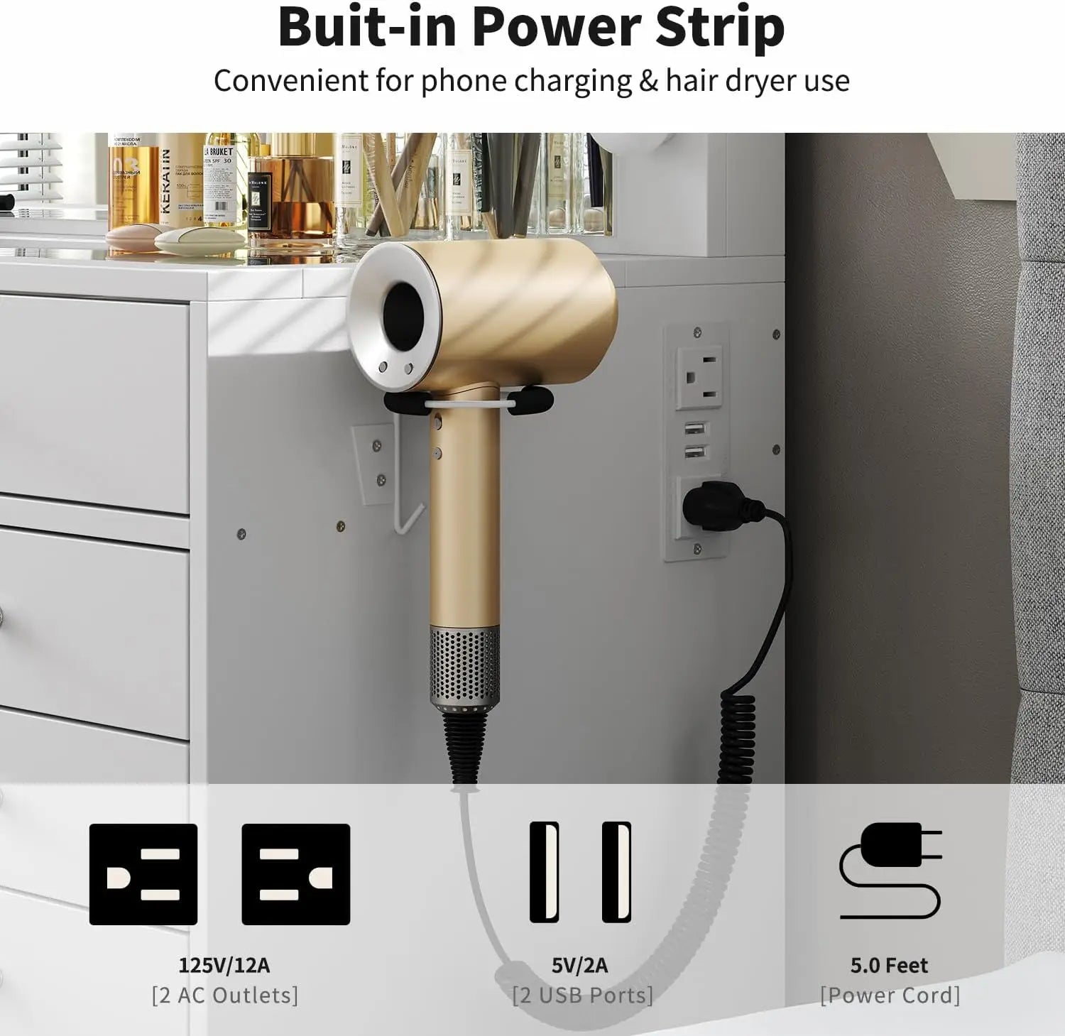 55" W Vanity Desk, Makeup Vanity with Charging Station, 15 Drawers with Lighted Mirror, 3 Lighting Modes, Brightness