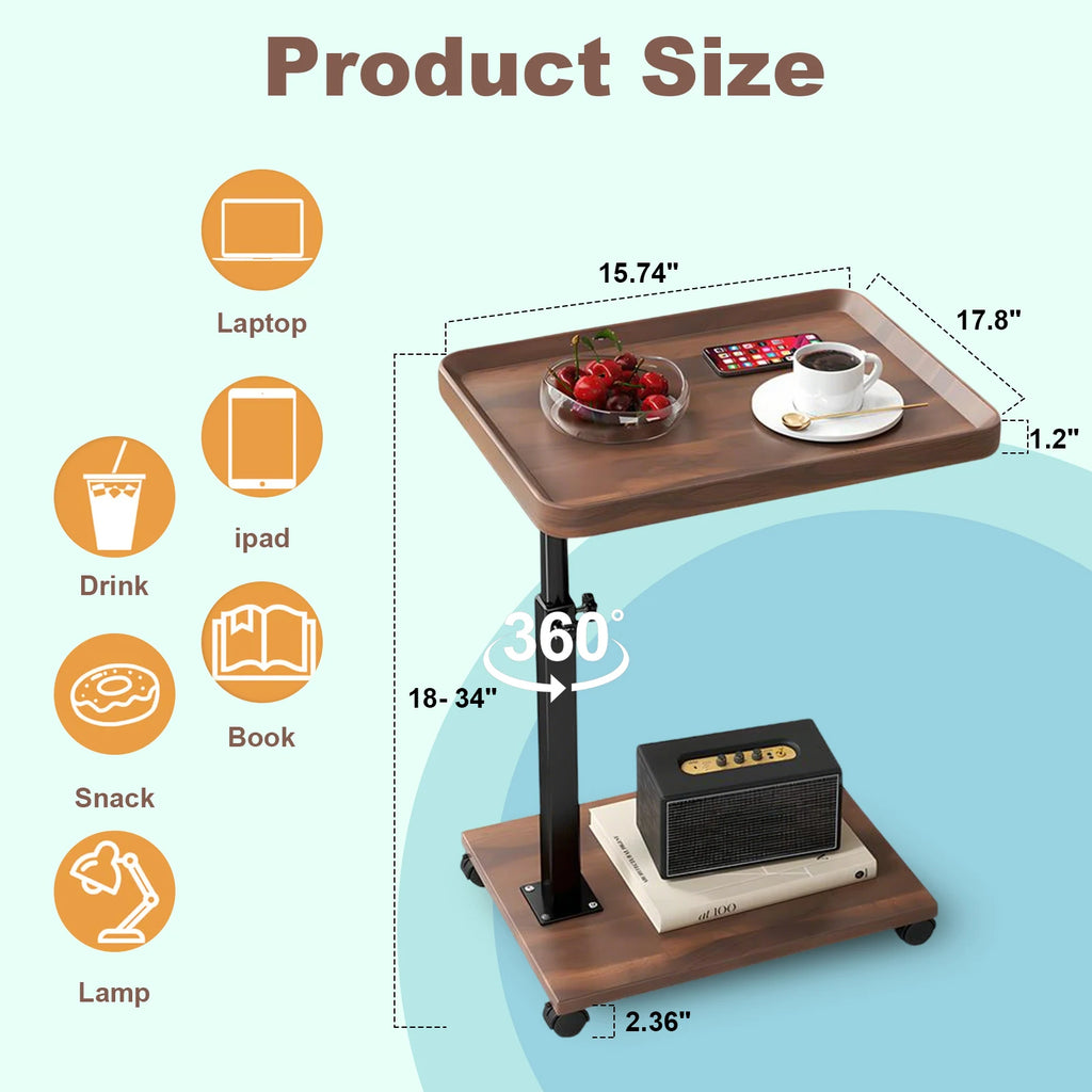 End Table Adjustable Height 360° Swivel TV Tray Couch Tables That Slide Under, Side Tables with Wheels For Sofa, Bed, Chair