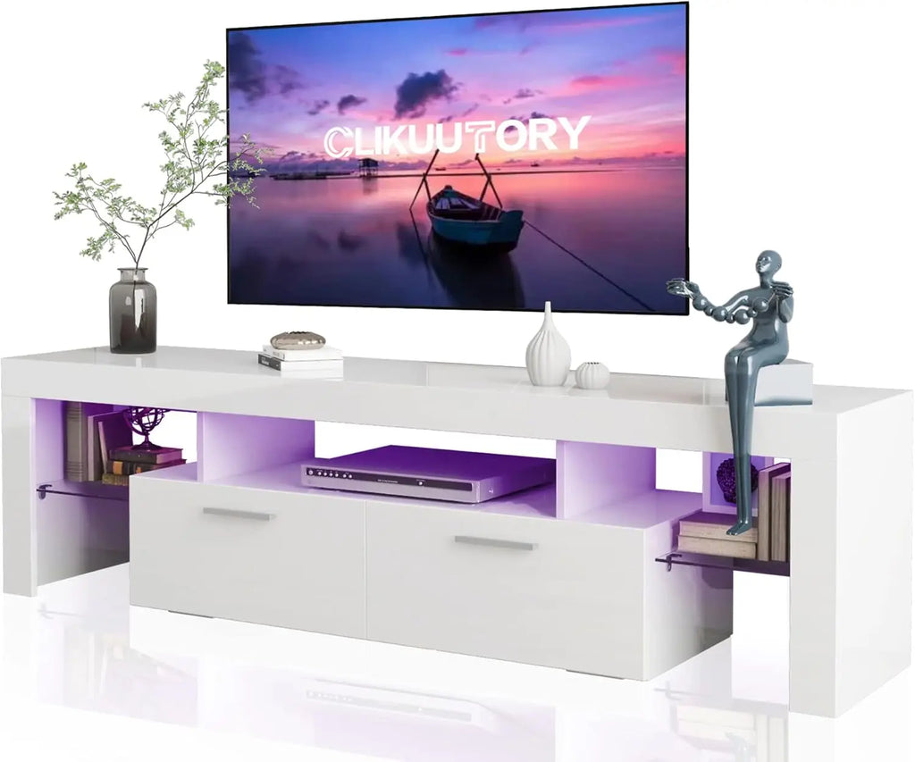 Modern LED 63" Long TV Stand With Large Storage Drawer For 50 55 60 65 70 75" TVs, White Wood TV Console