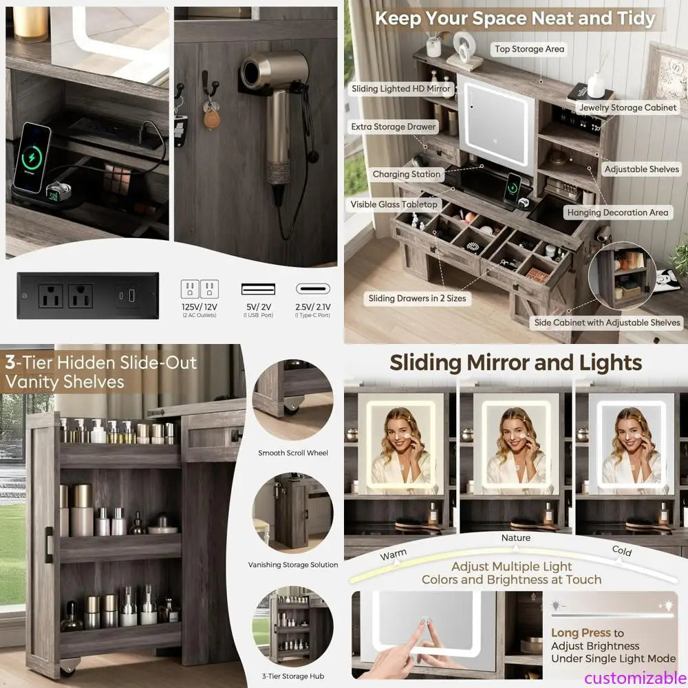Makeup Vanity Desk With Sliding Mirror, Luminated Glass Top And 3-Tier Hidden Storage