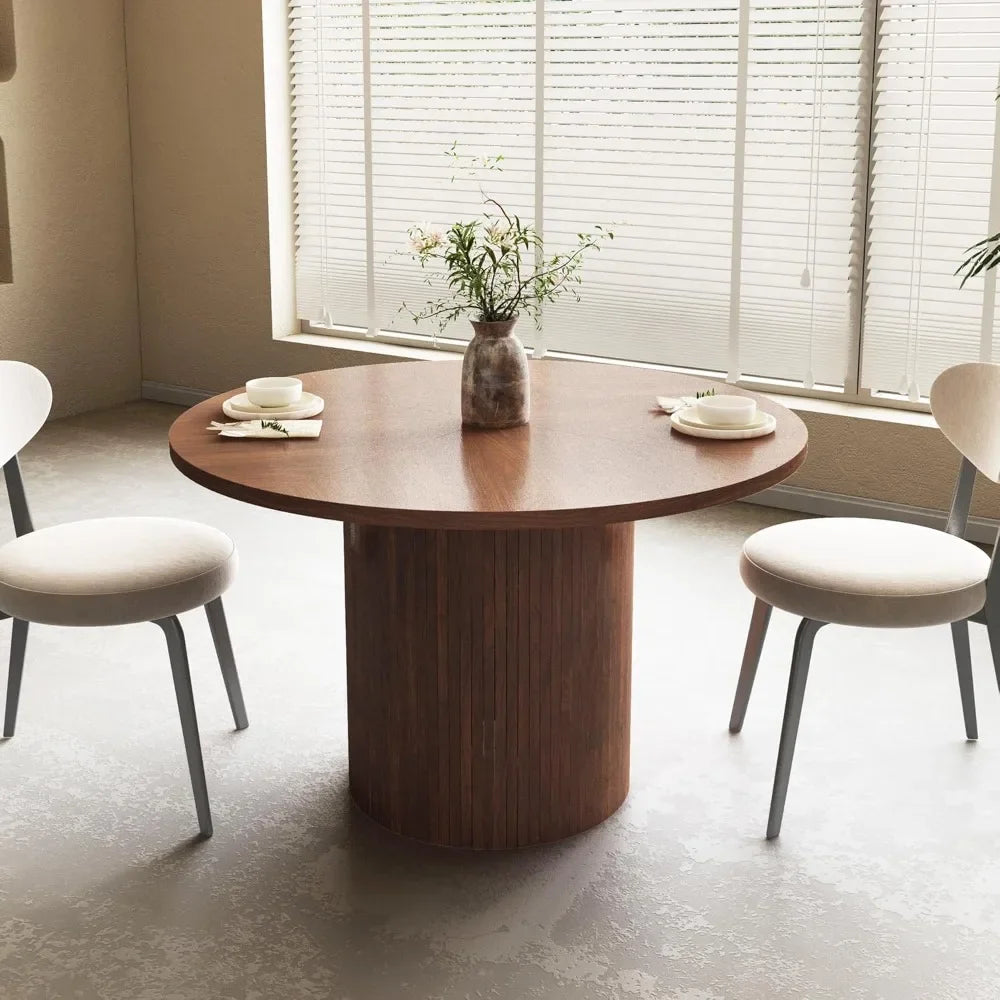 Round Dining Table for 4, Modern Farmhouse Kitchen Table, 47" Small Circle Dining Table with Wood Strip Base