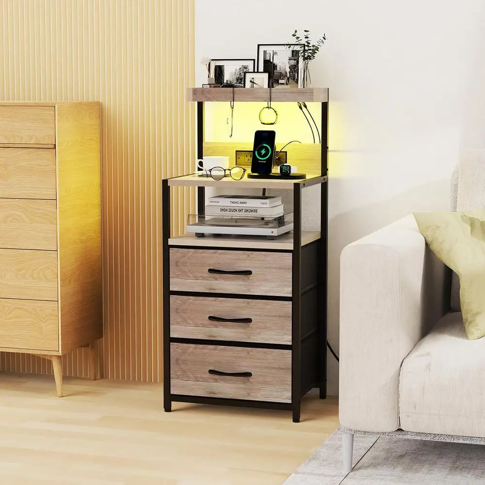 LED Lighted 3-Drawer Nightstand with Charger Station, Storage Shelves, and Hooks for Bedroom or Dorm