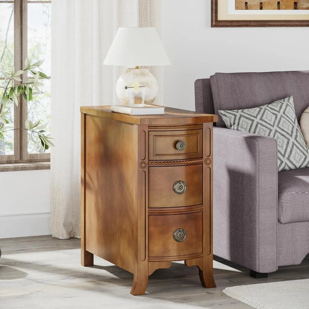 Solid Wood End Table, 3-Drawer Narrow Side Table Slim Chair Table for Living Room, Sofa Table with Drawers, Small Nightstand