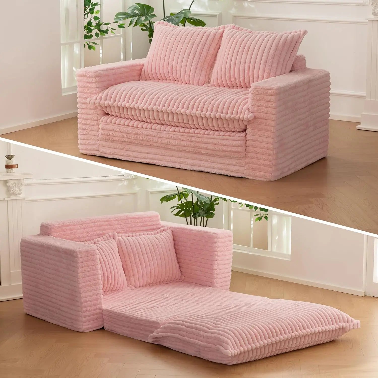 3-in-1 Pull Out Floor Couch with Washable Cushion and Pillows, Loveseat Sleeper Sofa, Convertible Sofa Bed/ Futon Couches