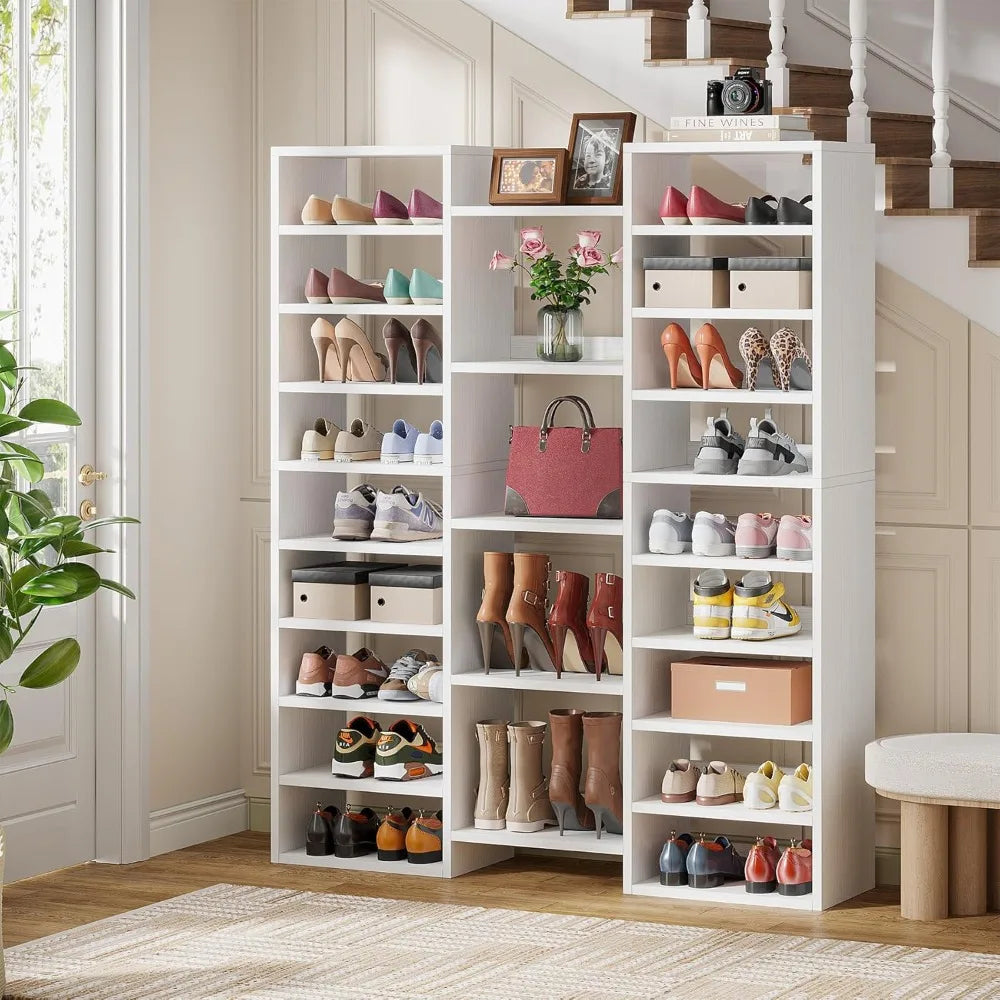 14 Tier Shoe Storage Cabinet, 46 Pair Wooden Shoe Rack Organizer with 22 Open Cubbies for Closet/ Hallway/ Bedroom