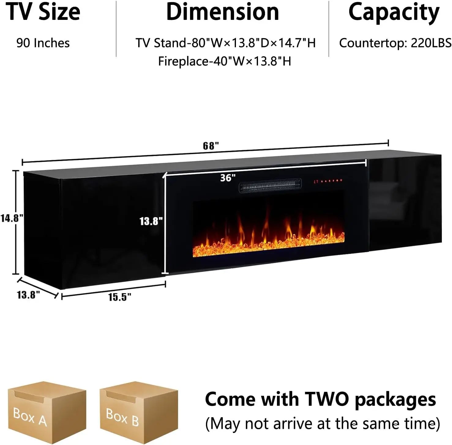 Floating TV Stand with 36" Electric Fireplace, High Gloss Finish Wall Mounted Fireplace Entertainment Center with Storage for TV