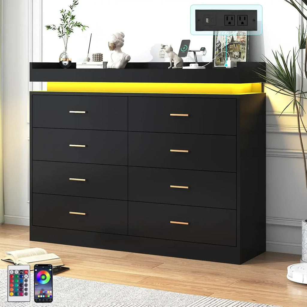 9 Drawer Dresser with Charging Station and LED Lights, Modern Chest of Drawers with Power Outlet, Organizer Cabinet for Bedroom,