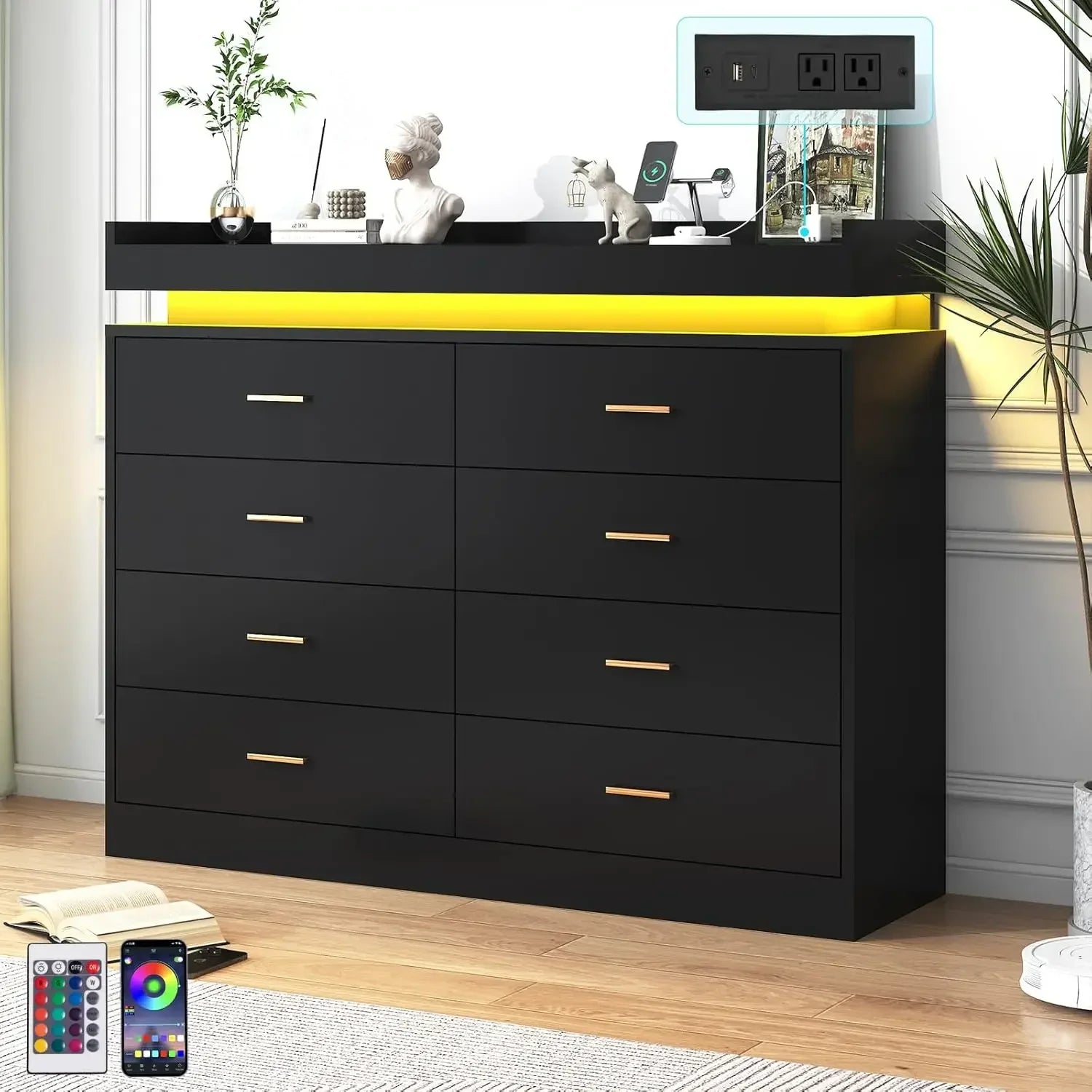 9 Drawer Dresser with Charging Station and LED Lights, Modern Chest of Drawers with Power Outlet, Organizer Cabinet for Bedroom,