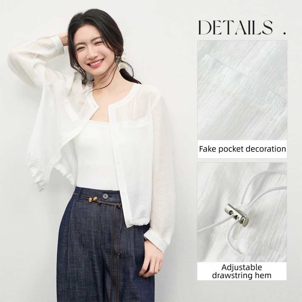 SENTUBILA Women's Oversized Lyocell Shirt 2026 Spring Summer Round Neck Long Sleeve Drawstring Sheer Casual Top 161WB5014