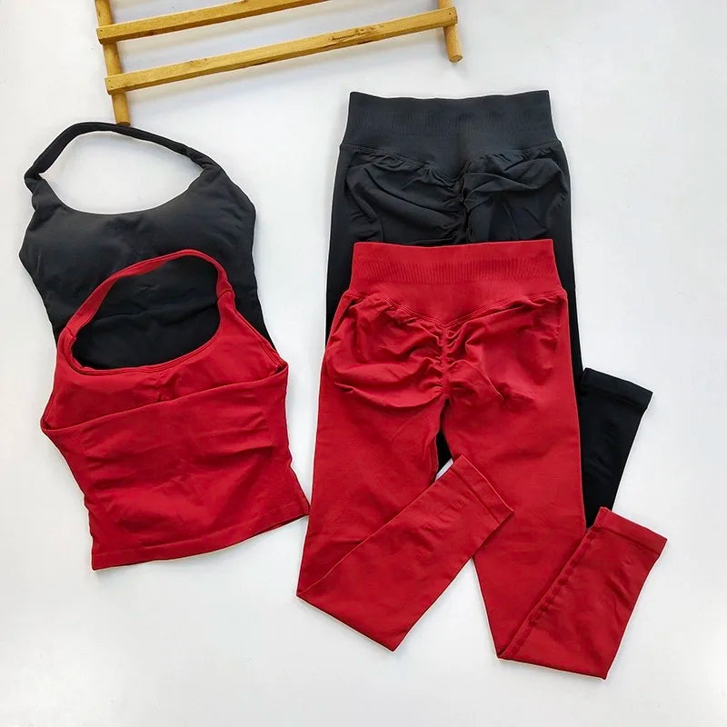 Yoga Pants High-Waisted Tummy-Control Hip-Lifting Sports Suit/ Women's Push-Up Shockproof Halter Neck Back-Slimming Fitness Set