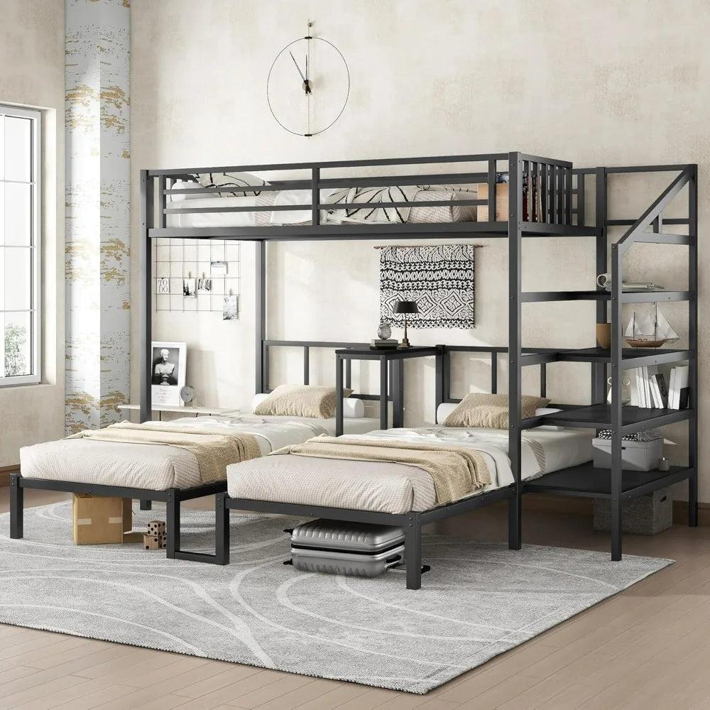 Triple Bunk Bed for Three Children, Sturdy with Storage Steps, Desk, and Safety Rails
