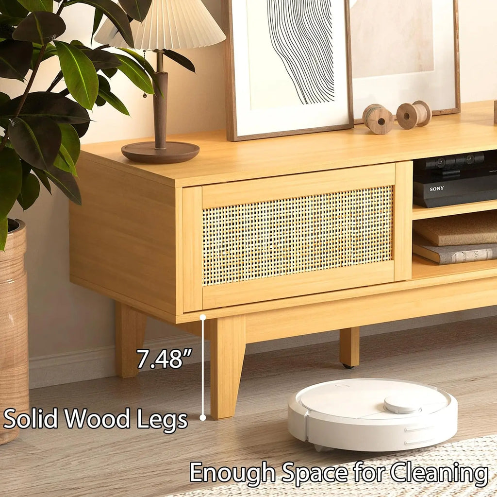 Boho TV Stand for 55/ 65" Inch TV, Rattan Entertainment Center with Shelves, Cabinets and Sliding Doors, TV Media Console Table