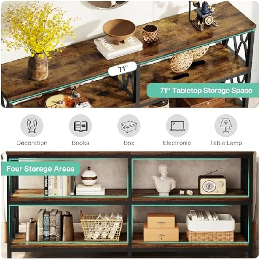 Console Table With Storage Shelves, 70.9" Industrial 3-Tier Sofa Table For Living Room, Long Foyer Table Entryway