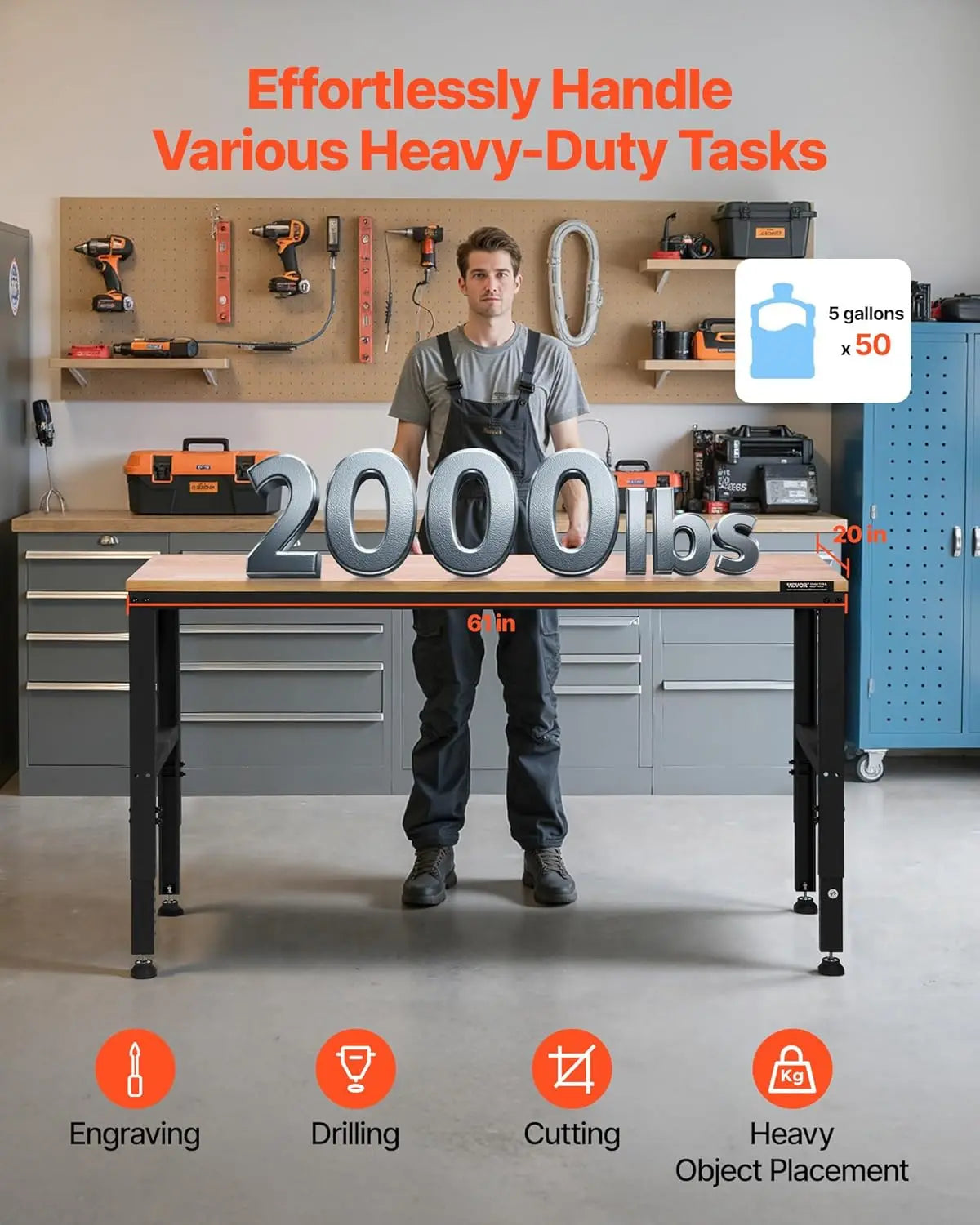 Adjustable Workbench, 2000 lbs Capacity, 61 x 20-inch Heavy Duty Work Bench with 27.1-36 Inches Height Adjustment