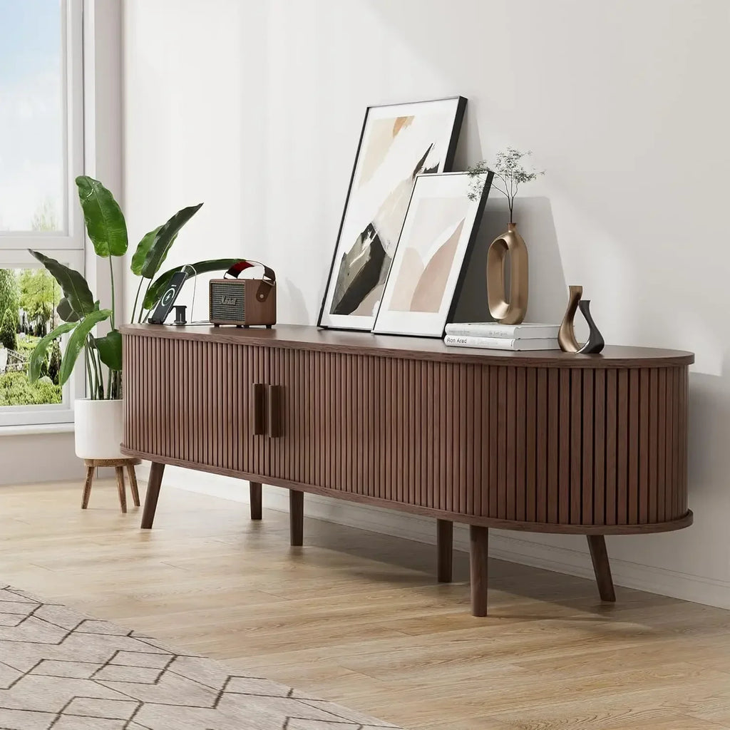 XMSJ. Fluted Entertainment Center Living Room,69" Mid Century Modern TV Stand with Charging Station ,Drawer and Shelf, Bedroom